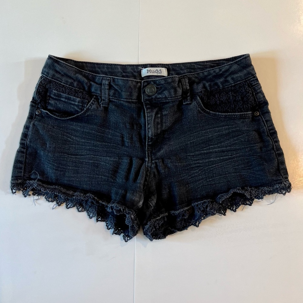 Mudd Girls Size 14 1/2 14.5 Denim Black Jean Shorts Distressed